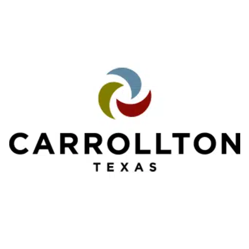Carrollton, Texas logo with three curved shapes in blue, green, and red above the words "Carrollton Texas" on a white background.