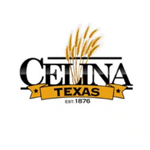 Logo for Celina, Texas featuring black text, a yellow ribbon with "TEXAS," wheat stalks, and "Est. 1876" at the bottom.