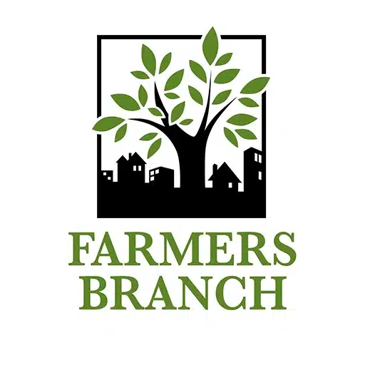 Logo with a green tree and leaves above black silhouettes of buildings, with the text "Farmers Branch" in green below.