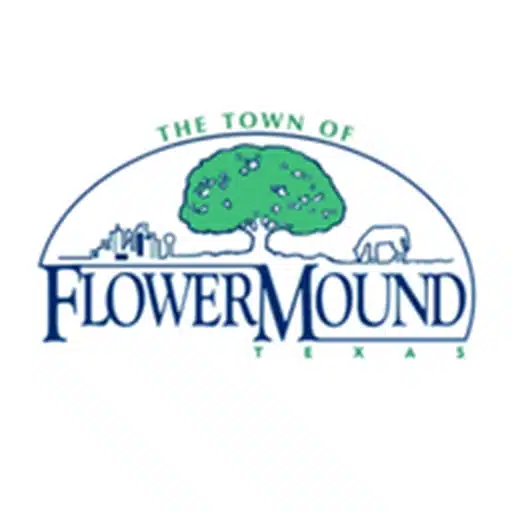 Logo for the Town of Flower Mound, Texas, featuring a large green tree, a house, and a horse above the town's name in blue text.