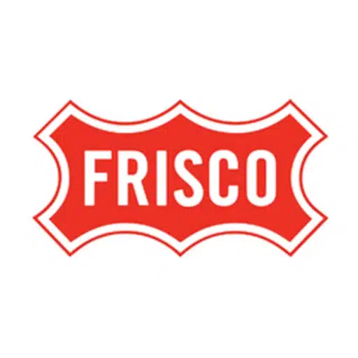 A red and white logo with the word "FRISCO" in bold capital letters inside a stylized, bracket-shaped border.