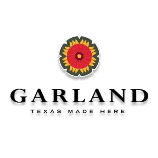 Logo for Garland, Texas, featuring a stylized red and yellow flower above the words "Garland" and "Texas Made Here" on a white background.