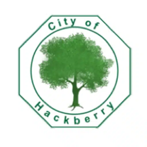 Green tree illustration centered in a white octagon with the words “City of Hackberry” written around the border.