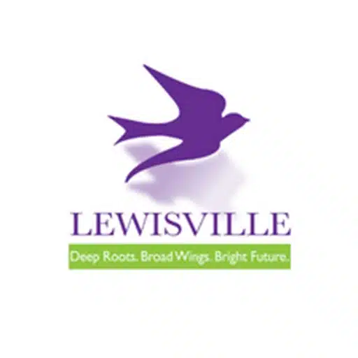 The image shows a purple bird above the word "LEWISVILLE" and the slogan "Deep Roots. Broad Wings. Bright Future." in a green box below.