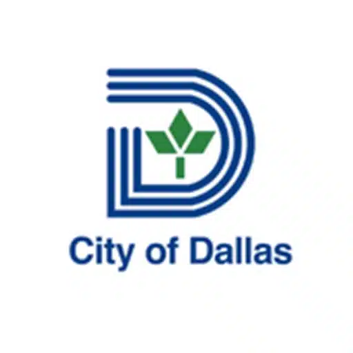 City of Dallas logo featuring a blue stylized letter "D" with a green leaf in the center, and the text "City of Dallas" below.