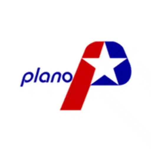 Logo with the word "plano" in blue and a stylized red and blue "P" featuring a white star inside the upper section.