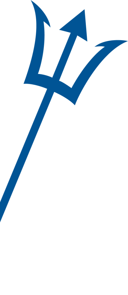 Blue trident symbol tilted diagonally on a transparent background.