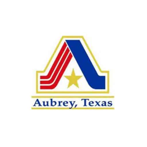 Logo featuring a stylized letter "A" with red stripes, a gold star, and blue elements, above the text "Aubrey, Texas" on a white background.