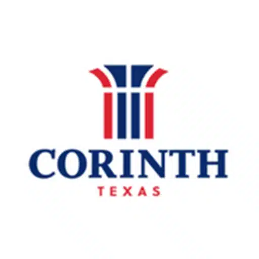 Logo for Corinth, Texas featuring blue and red stylized columns above the word "Corinth" in blue and "Texas" in red on a white background.