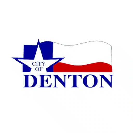 Logo for the City of Denton featuring a stylized Texas flag, a white star labeled "City of," and the word "Denton" in blue text.