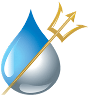 A blue and gray water droplet with a gold trident overlaid, pointing diagonally from lower left to upper right.