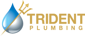 Logo for Trident Plumbing featuring a blue water droplet with a gold trident and the company name "TRIDENT PLUMBING" in gold text.