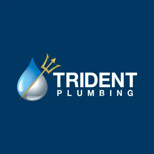 Logo for Trident Plumbing featuring a blue water droplet with a gold trident and the company name in bold white letters on a dark blue background.