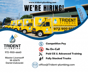 Trident Plumbing hiring ad with yellow trucks, contact info, and job benefits listed, including competitive pay, no on-call, paid training, and fully stocked trucks.