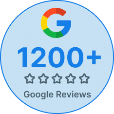 A round badge displaying the Google logo, "1200+," five stars, and the words "Google Reviews" on a light blue background.