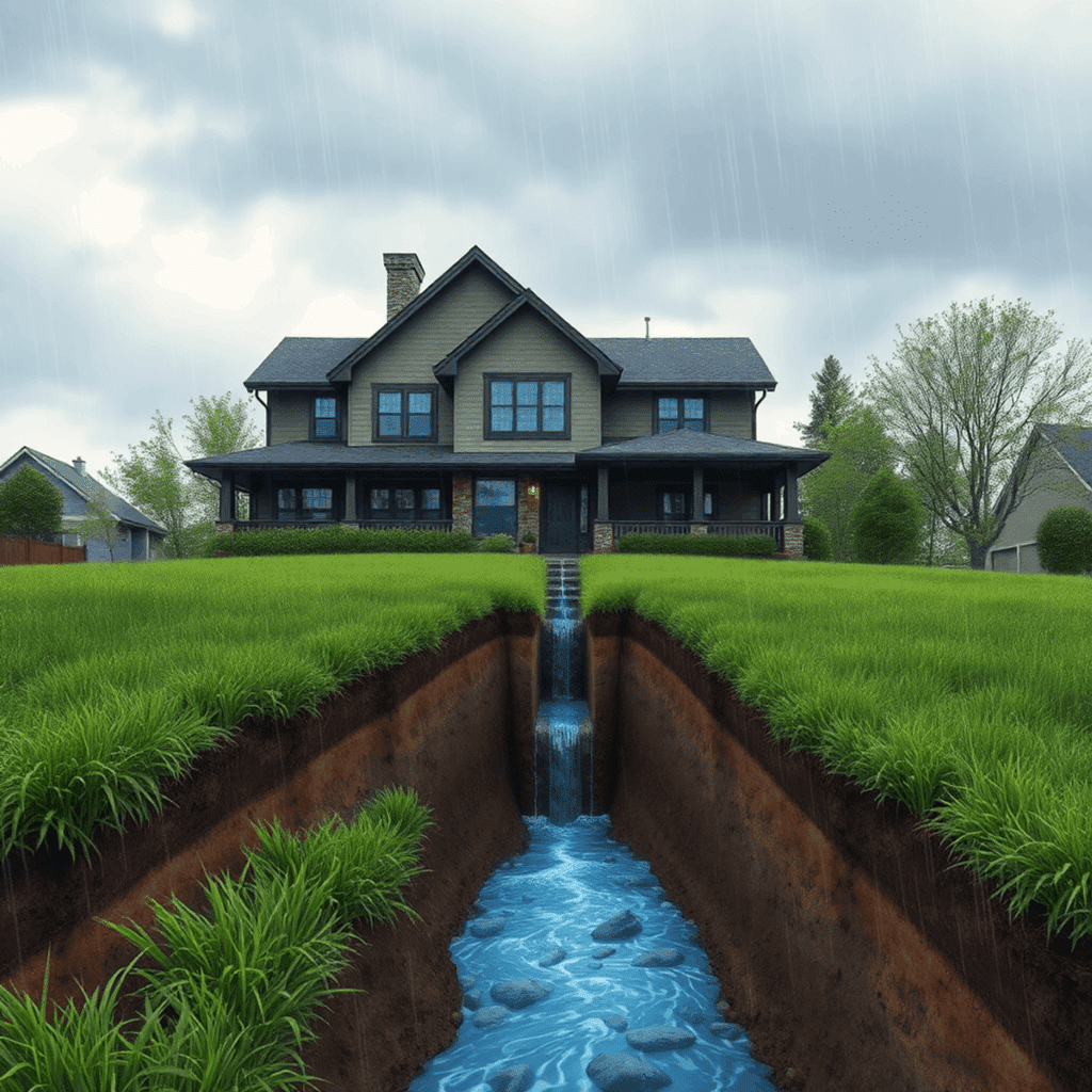 A two-story house with rain falling, and a trench in the lawn directing water away from the house through an underground drainage system.